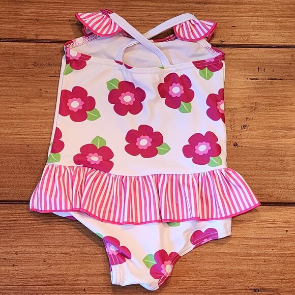 I PLAY - Baby Girl One Piece Swim Bathing /Pink Flowers Stripes/ Size 0-6 Months - Picture 4 of 5